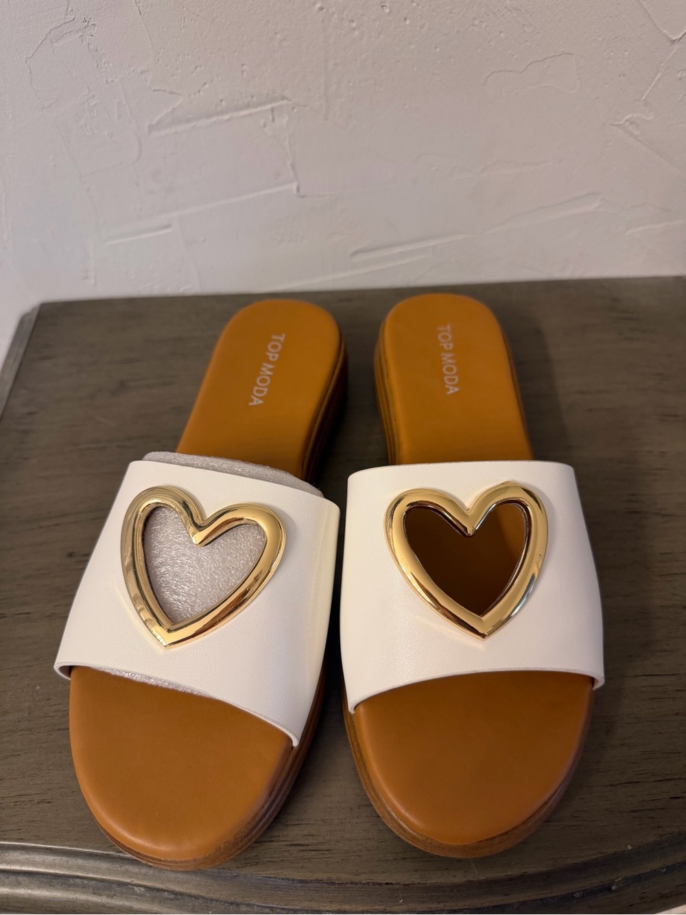 Top Moda White Slide Sandals with Gold Heart Accent